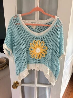 POL Light Blue and Cream Open-Knit Sweater with Coral Trim
